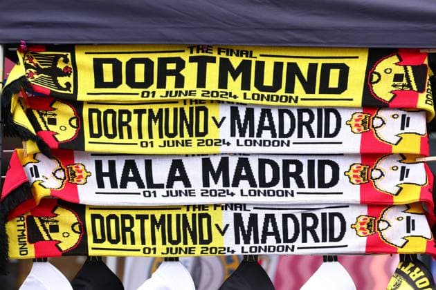 1st June 2024; Wembley Stadium, London, England; UEFA Champions League Football Final, Borussia Dortmund versus Real Madrid; Half and half scarves on sale on Wembley way  ActionPlus12649697 ShaunxBrooks