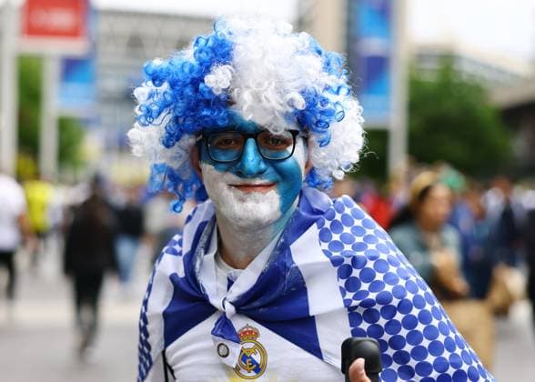 London, England, 1st June 2024. A Real Madrid fan arriving at the stadium before the UEFA Champions League final match at Wembley Stadium, London. Picture credit should read: David Klein Sportimage EDITORIAL USE ONLY. No use with unauthorised audio, video, data, fixture lists, club league logos or live services. Online in-match use limited to 120 images, no video emulation. No use in betting, games or single club league player publications. SPI-3169-0011