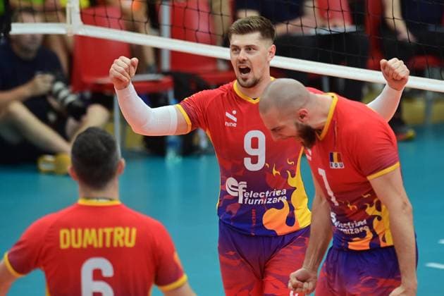 L-R Claudiu Dumitru, Robert Adrian Aciobanitei, Bela Florian Bartha (all ROM) celebrate during the CEV Volleyball European Golden League 2024, match Czech Republic vs Romania, in Karlovy Vary, Czech Republic, on June 1st, 2024. (CTKxPhoto SlavomirxKubes) CTKPhotoP2024060103825  CTKPhotoP2024060103825