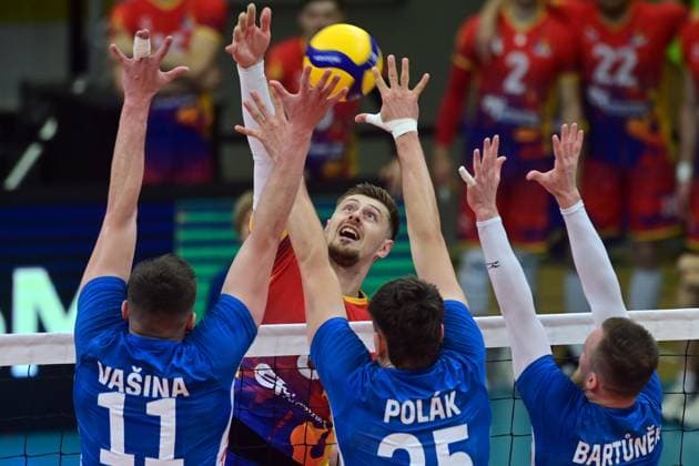 L-R Lukas Vasina (CZE), Robert Adrian Aciobanitei (ROM), Josef Polak (CZE), Lubos Bartunek (CZE) in action during the CEV Volleyball European Golden League 2024, match Czech Republic vs Romania, in Karlovy Vary, Czech Republic, on June 1st, 2024. (CTKxPhoto SlavomirxKubes) CTKPhotoP2024060103831  CTKPhotoP2024060103831