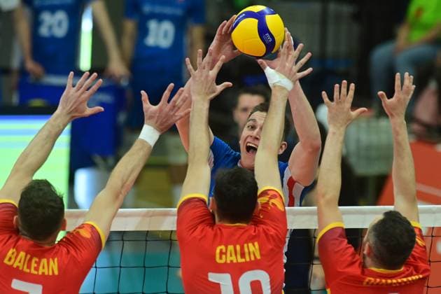 L-R Rares Ionut Balean, Robert Calin, David-Alexandru Dinculescu (ROM) in action during the CEV Volleyball European Golden League 2024, match Czech Republic vs Romania, in Karlovy Vary, Czech Republic, on June 1st, 2024. (CTKxPhoto SlavomirxKubes) CTKPhotoP2024060103837  CTKPhotoP2024060103837