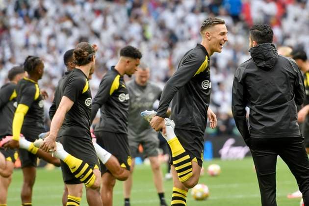 Die Mannschaft von Dortmund beim Aufwärmen 01.06.2024 Fussball, Champions League Finale, Borussia Dortmund vs Real Madrid, Stadion in Wembley, London, London Borough of Brent United Kingdom