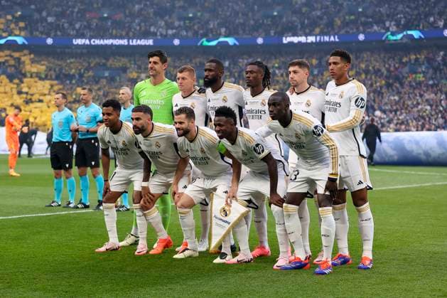 The Real Madrid players pose for the team photo, UEFA Champions League 2023 24 - Final, Borussia Dortmund vs Real Madrid CF, Wembley Stadium, June 1, 2024, London, United Kingdom.