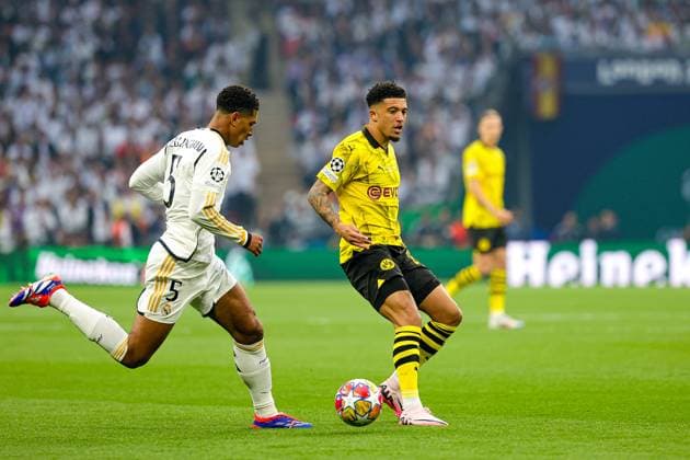Borussia Dortmund v Real Madrid Champions League 01 06 2024. Final Jadon Sancho (10) of Borussia Dortmund and Jude Bellingham (5) of Real Madrid during the Champions League Final match between Borussia Dortmund and Real Madrid at Wembley Stadium, London, England on 1 June 2024. Editorial use only , Copyright: xNigelxKeenex PSI-19804-0025
