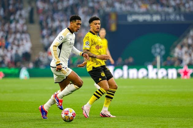 Borussia Dortmund v Real Madrid Champions League 01 06 2024. Final Jadon Sancho (10) of Borussia Dortmund and Jude Bellingham (5) of Real Madrid during the Champions League Final match between Borussia Dortmund and Real Madrid at Wembley Stadium, London, England on 1 June 2024. Editorial use only , Copyright: xNigelxKeenex PSI-19804-0027