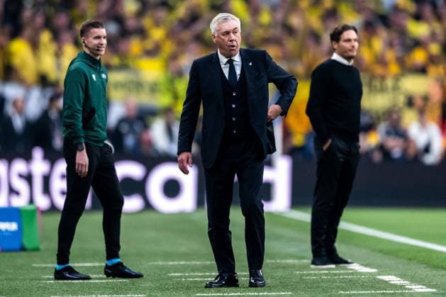 240601 Head coach Carlo Ancelotti of Real Madrid during the UEFA Champions League final between Dortmund and Real Madrid on June 1, 2024 in London. Photo: Petter Arvidson BILDBYRAN kod PA PA0818 fotboll football soccer fotball champions league final dortmund real madrid bbeng Copyright: PETTERxARVIDSON BB240601PA084