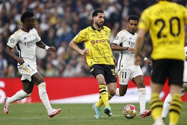 LONDON - (l-r) Vinicius Junior of Real Madrid, Emre Can of Borussia Dortmund, Rodrygo of Real Madrid during the UEFA Champions League Final between Borussia Dortmund and Real Madrid at Wembley Stadium on June 1, 2024 in London, United Kingdom. ANP Hollandse Hoogte MAURICE VAN STEEN UEFA Champions League 2023 24 FINAL 2024 xVIxANPxSportx xVanxSteenxFotografiexIVx 500095518 originalFilename: 500095518.jpg