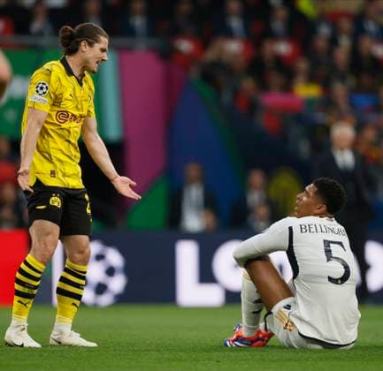 Borussia Dortmund v Real Madrid CF - UEFA Champions League Final 2023 24 Marcel Sabitzer of Borussia Dortmund and Jude Bellingham of Real Madrid CF in incedent during the UEFA Champions League 2023 24 final match between Borussia Dortmund and Real Madrid CF at Wembley Stadium on June 1, 2024 in London, England. London Wembley Stadium England United Kingdom Copyright: xRichardxSellers Sportsphoto APLx 14039576