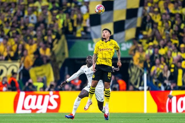 240601 Ferland Mendy of Real Madrid and Jadon Sancho of Dortmund during the UEFA Champions League final between Dortmund and Real Madrid on June 1, 2024 in London. Photo: Petter Arvidson BILDBYRAN kod PA PA0818 fotboll football soccer fotball champions league final dortmund real madrid bbeng Copyright: PETTERxARVIDSON BB240601PA093