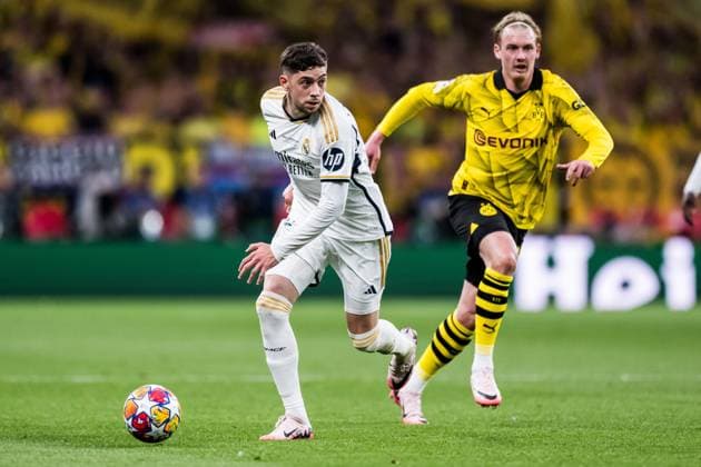 240601 Federico Valverde of Real Madrid during the UEFA Champions League final between Dortmund and Real Madrid on June 1, 2024 in London. Photo: Petter Arvidson BILDBYRAN kod PA PA0818 fotboll football soccer fotball champions league final dortmund real madrid bbeng bbauto Copyright: PETTERxARVIDSON BB240601PA118