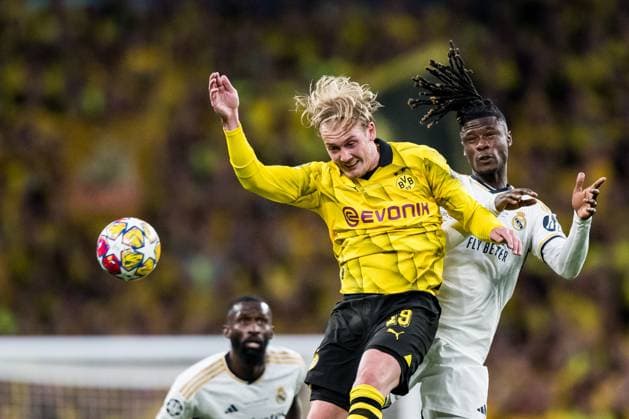 240601 Julian Brandt of Dortmund and Eduardo Camavinga of Real Madrid during the UEFA Champions League final between Dortmund and Real Madrid on June 1, 2024 in London. Photo: Petter Arvidson BILDBYRAN kod PA PA0818 fotboll football soccer fotball champions league final dortmund real madrid bbeng bbauto Copyright: PETTERxARVIDSON BB240601PA125