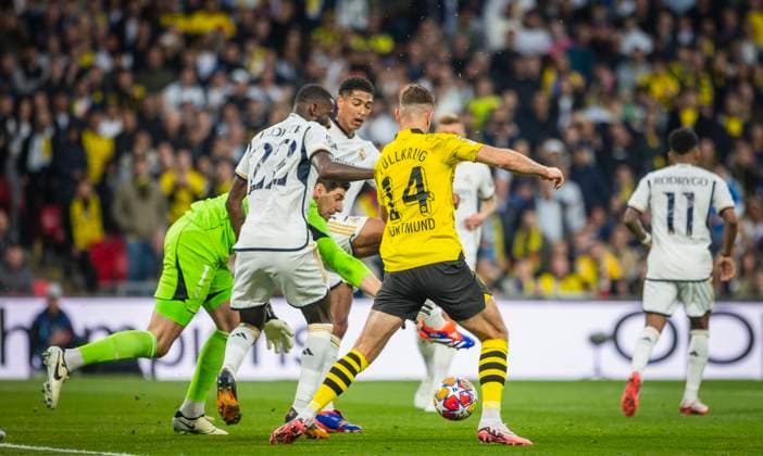 London, England. 01st Jun 2024. Thibaut Courtois (Real) Niclas Füllkrug (BVB) Antonio Rüdiger (Real) Jude Bellingham (Real) Borussia Dortmund - Real Madrid Champions League Final 01.06.2024