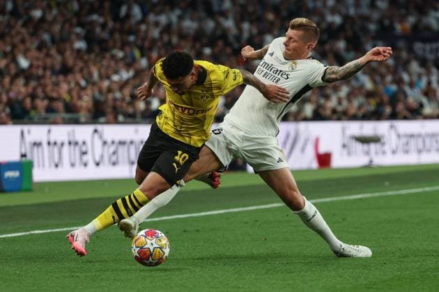 UEFA Champions League Finale 2024 - Borussia Dortmund - Real Madrid am 01.06..2024 im Wembley-Stadion in London Jadon Sancho (Dortmund 10) gegen Toni Kroos (Real Madrid 8)