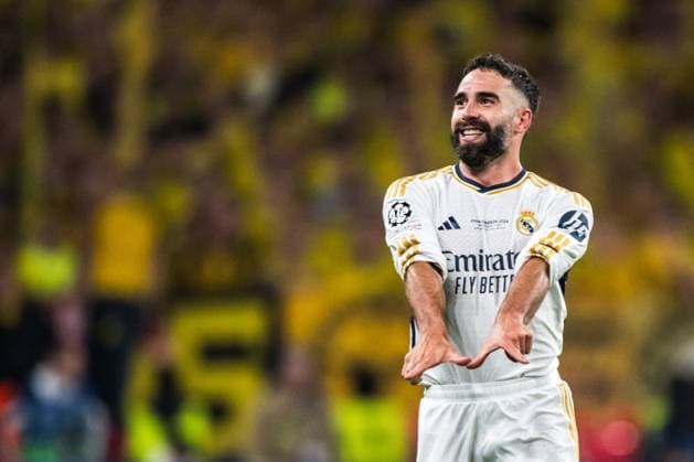 240601 Dani Carvajal of Real Madrid celebrates after scoring the 0-1 goal during the UEFA Champions League final between Dortmund and Real Madrid on June 1, 2024 in London. Photo: Petter Arvidson BILDBYRAN kod PA PA0818 fotboll football soccer fotball champions league final dortmund real madrid bbeng bbauto jubel Copyright: PETTERxARVIDSON BB240601PA184