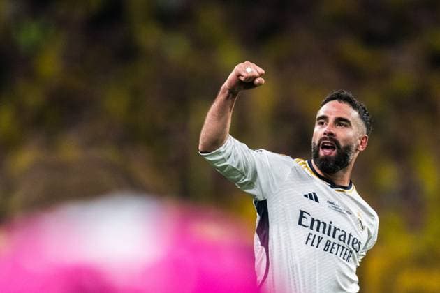 240601 Dani Carvajal of Real Madrid celebrates after scoring the 0-1 goal during the UEFA Champions League final between Dortmund and Real Madrid on June 1, 2024 in London. Photo: Petter Arvidson BILDBYRAN kod PA PA0818 fotboll football soccer fotball champions league final dortmund real madrid bbeng bbauto jubel Copyright: PETTERxARVIDSON BB240601PA186