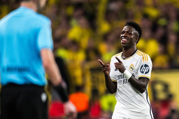 240601 Vinicius Junior of Real Madrid celebrates after scoring the 0-2 goal during the UEFA Champions League final between Dortmund and Real Madrid on June 1, 2024 in London. Photo: Petter Arvidson BILDBYRAN kod PA PA0818 fotboll football soccer fotball champions league final dortmund real madrid bbeng bbauto jubel Copyright: PETTERxARVIDSON BB240601PA189