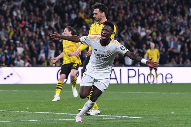 Fußball Champions League Finale Borussia Dortmund - Real Madrid am 01.06.2024 im Wembley-Stadion in London Torjubel zum 0: 2 durch Vinicius Junior ( Madrid )