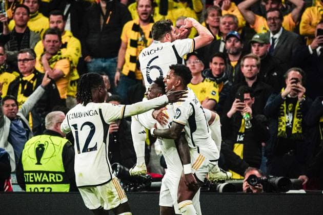 Torjubel Jubel Real Madrid nach Tor zum 0:2 Vinicius Junior (Real Madrid, 07) ENG, Borussia Dortmund vs. Real Madrid, Fussball, Champions League, Finale, Saison 2023 2024, 01.06.2024 ENG, Borussia Dortmund vs. Real Madrid, Fussball, Champions League, Finale, Saison 2023 2024, 01.06.2024 London Copyright: xEibner-Pressefoto MarcelxvonxFehrnx EP_MFN