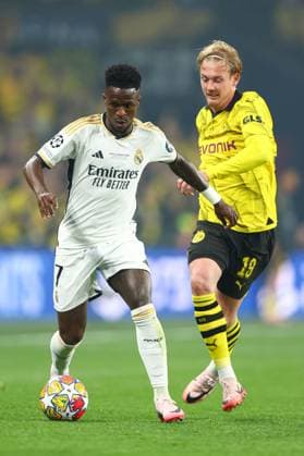 Vinicius Junior of Real Madrid under pressure from Julian Brandt of Borussia Dortmund Borussia Dortmund v Real Madrid, UEFA Champions League, Final, Football, Wembley Stadium, London, UK - 01 June 2024 EDITORIAL USE ONLY No use with unauthorised audio, video, data, fixture lists, club league logos or live services. Online in-match use limited to 120 images, no video emulation. No use in betting, games or single club league player publications.  Copyright: xKieranxMcManus Shutterstockx 14516313br