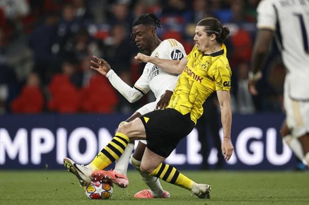 LONDON - (l-r) Eduardo Camavinga of Real Madrid, Marcel Sabitzer of Borussia Dortmund during the UEFA Champions League Final between Borussia Dortmund and Real Madrid at Wembley Stadium on June 1, 2024 in London, United Kingdom. ANP Hollandse Hoogte MAURICE VAN STEEN UEFA Champions League 2023 24 FINAL 2024 xVIxANPxSportx xVanxSteenxFotografiexIVx 500103563 originalFilename: 500103563.jpg
