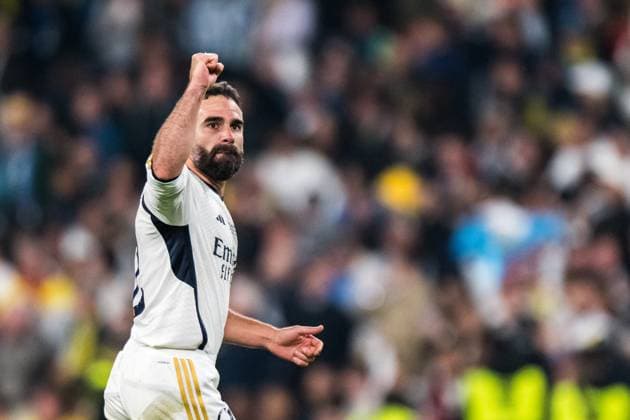 240601 Dani Carvajal of Real Madrid celebrates after scoring the 0-1 goal during the UEFA Champions League final between Dortmund and Real Madrid on June 1, 2024 in London. Photo: Petter Arvidson BILDBYRAN kod PA PA0818 fotboll football soccer fotball champions league final dortmund real madrid bbeng bbauto jubel Copyright: PETTERxARVIDSON BB240601PA208
