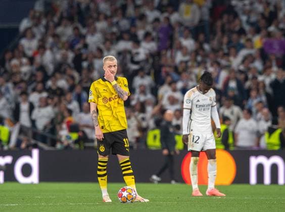 Fussball, Herren, Saison 2023 2024, Champions League (Finale), Borussia Dortmund - Real Madrid, v.l. Marco Reus (Borussia Dortmund), Eduardo Camavinga (Real Madrid), 01.06.2024, Copyright: xSebastianxRäppold MatthiasxKochx