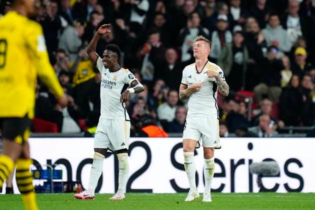 Borussia Dortmund v Real Madrid CF - UEFA Champions League Final 2023 24 Toni Kroos central midfield of Real Madrid and Germany celebrates after scoring his team s second goal during the UEFA Champions League 2023 24 final match between Borussia Dortmund v Real Madrid CF at Wembley Stadium on June 1, 2024 in London, England. London England United Kingdom  Copyright: xJosexBretonx originalFilename:breton-borussia240601_npNGo.jpg