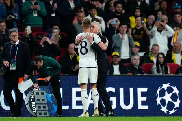 Borussia Dortmund v Real Madrid CF - UEFA Champions League Final 2023 24 Toni Kroos central midfield of Real Madrid and Germany celebrates after scoring his team s second goal during the UEFA Champions League 2023 24 final match between Borussia Dortmund v Real Madrid CF at Wembley Stadium on June 1, 2024 in London, England. London England United Kingdom  Copyright: xJosexBretonx originalFilename:breton-borussia240601_nptPE.jpg