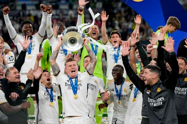 Toni Kroos (Real Madrid) holds up the trophy after winning the Champions League, UEFA Champions League 2023 24 - Final, Borussia Dortmund vs Real Madrid CF, Wembley Stadium, June 1, 2024, London, United Kingdom.