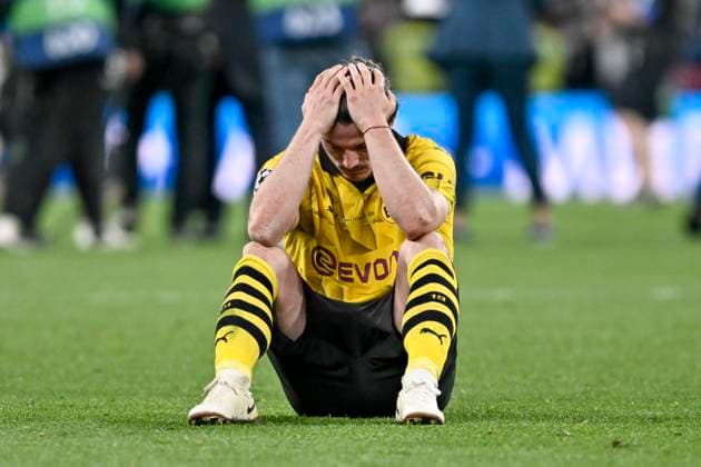 Marcel Sabitzer ( 20, Borussia Dortmund) unzufrieden enttäuscht enttaeuscht niedergeschlagen frustriert, nach Spielende 01.06.2024 Fussball, Champions League Finale, Borussia Dortmund vs Real Madrid, Stadion in Wembley, London, London Borough of Brent United Kingdom