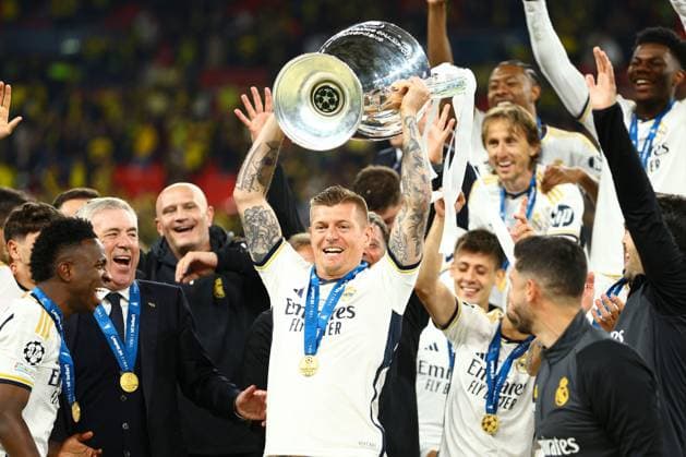 Toni Kroos of Real Madrid lifts the Champions League trophy Borussia Dortmund v Real Madrid, UEFA Champions League, Final, Football, Wembley Stadium, London, UK - 01 June 2024 EDITORIAL USE ONLY No use with unauthorised audio, video, data, fixture lists, club league logos or live services. Online in-match use limited to 120 images, no video emulation. No use in betting, games or single club league player publications. Copyright: xKieranxMcManus Shutterstockx 14516313dd
