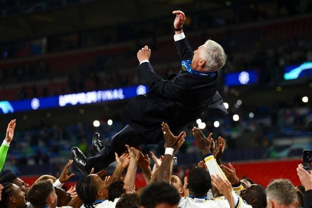 Real Madrid manager Carlo Ancelotti is thrown in the air by their players during the celebrations Borussia Dortmund v Real Madrid, UEFA Champions League, Final, Football, Wembley Stadium, London, UK - 01 June 2024 EDITORIAL USE ONLY No use with unauthorised audio, video, data, fixture lists, club league logos or live services. Online in-match use limited to 120 images, no video emulation. No use in betting, games or single club league player publications.  Copyright: xKieranxMcManus Shutterstockx 14516313dq