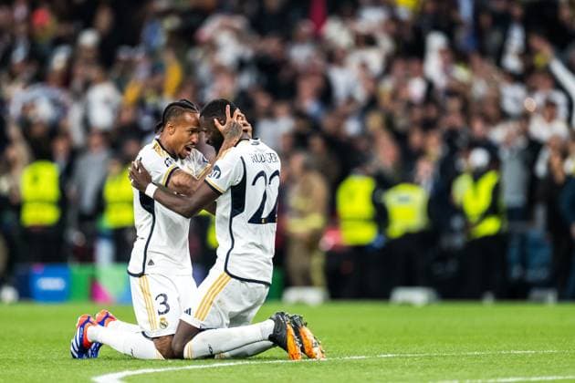240601 Eder Militao and Antonio Rudiger of Real Madrid celebrate after the UEFA Champions League final between Dortmund and Real Madrid on June 1, 2024 in London. Photo: Petter Arvidson BILDBYRAN kod PA PA0818 fotboll football soccer fotball champions league final dortmund real madrid bbeng bbauto jubel Copyright: PETTERxARVIDSON BB240601PA221