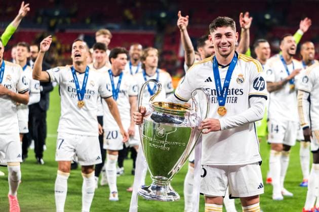 240601 Federico Valverde of Real Madrid celebrates after the UEFA Champions League final between Dortmund and Real Madrid on June 1, 2024 in London. Photo: Petter Arvidson BILDBYRAN kod PA PA0818 fotboll football soccer fotball champions league final dortmund real madrid bbeng bbauto jubel Copyright: PETTERxARVIDSON BB240601PA236