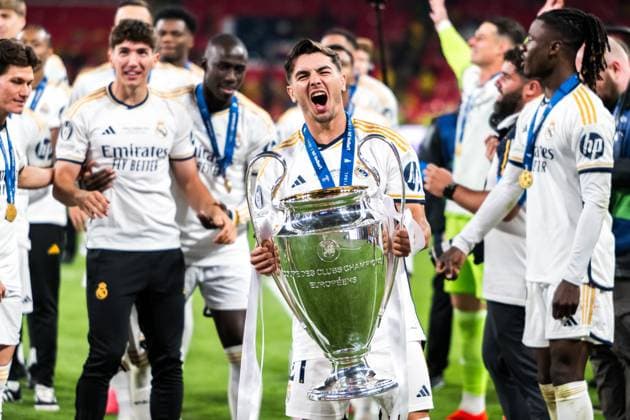 240601 Brahim Diaz of Real Madrid celebrates after the UEFA Champions League final between Dortmund and Real Madrid on June 1, 2024 in London. Photo: Petter Arvidson BILDBYRAN kod PA PA0818 fotboll football soccer fotball champions league final dortmund real madrid bbeng jubel Copyright: PETTERxARVIDSON BB240601PA238
