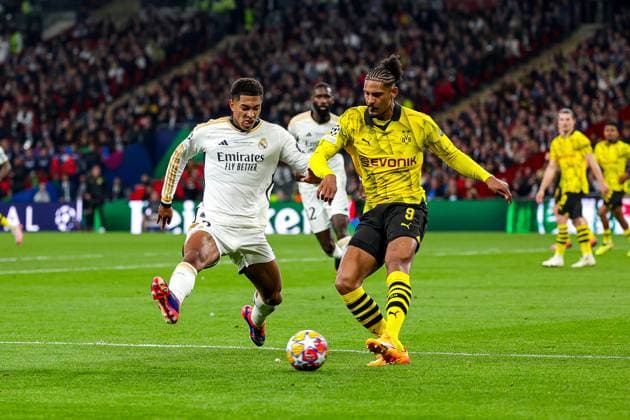 Borussia Dortmund v Real Madrid Champions League 01 06 2024. Final Jude Bellingham (5) of Real Madrid and SÃ bastien Haller (9) of Borussia Dortmund during the Champions League Final match between Borussia Dortmund and Real Madrid at Wembley Stadium, London, England on 1 June 2024. Editorial use only , Copyright: xNigelxKeenex PSI-19804-0104