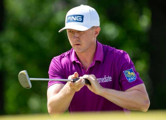 June 1, 2024, Hamilton, On, CANADA: Mackenzie Hughes, of Dundas, Ontario lines up his putt on the 2nd hole in the 3rd round of the Canadian Open in Hamilton on Saturday June 1, 2024. Canada News - June 1, 2024  - ZUMAc35_ 20240601_zaf_c35_122 Copyright: xFrankxGunnx