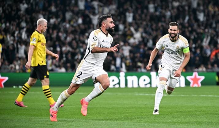 Fussball, Champions League Finale, Saison 2023 2024, Wembley Stadium London: Bor. Dortmund - Real Madrid; Jubel Daniel Carvajal (RMA) nach seinem Tor zum 0:1. Jubel, Freude, Aktion. UEFA REGULATIONS PROHIBIT ANY USE OF PHOTOGRAPHS AS IMAGE SEQUENCES AND OR QUASI-VIDEO