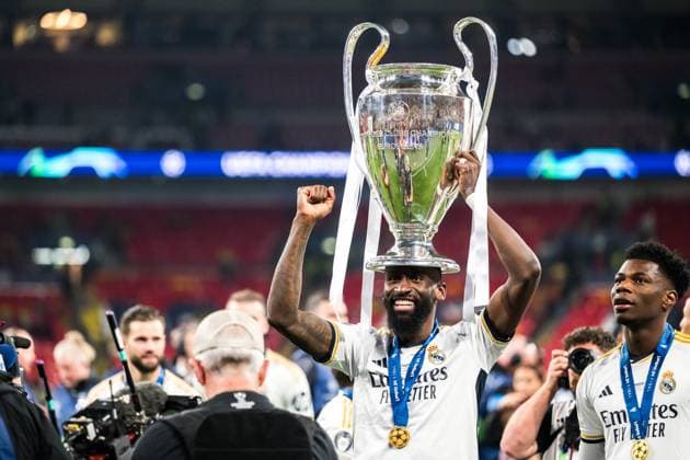 240601 Antonio Rudiger of Real Madrid celebrates after the UEFA Champions League final between Dortmund and Real Madrid on June 1, 2024 in London. Photo: Petter Arvidson BILDBYRAN kod PA PA0818 fotboll football soccer fotball champions league final dortmund real madrid bbeng bbauto jubel Copyright: PETTERxARVIDSON BB240601PA282
