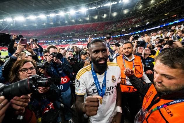 240601 Antonio Rudiger of Real Madrid celebrates after the UEFA Champions League final between Dortmund and Real Madrid on June 1, 2024 in London. Photo: Petter Arvidson BILDBYRAN kod PA PA0818 fotboll football soccer fotball champions league final dortmund real madrid bbeng bbauto jubel Copyright: PETTERxARVIDSON BB240601PA285
