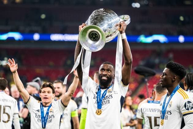 240601 Antonio Rudiger of Real Madrid celebrates after the UEFA Champions League final between Dortmund and Real Madrid on June 1, 2024 in London. Photo: Petter Arvidson BILDBYRAN kod PA PA0818 fotboll football soccer fotball champions league final dortmund real madrid bbeng bbauto jubel Copyright: PETTERxARVIDSON BB240601PA292