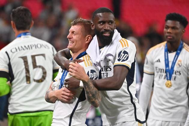 Toni KROOS (Real Madrid) und Antonio RUEDIGER (Real Madrid). Jubel,Freude,Begeisterung, Fussball UEFA Champions League Finale Borussia Dortmund - Real Madrid am 01.06.2024, Wembley Staion