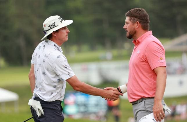 RBC Canadian Open Joel Dahmen of the United State (L) shakes hands with Andrew Novak of the United State (R) after completing the 18th hole during Day Three of the RBC Canadian Open at Hamilton Golf & Country Club, Ancaster, Ontario, Canada on Saturday, June 1, 2024. Ancaster Ontario United States  Copyright: xJorgexLemusx originalFilename:lemus-rbccanad240601_npluW.jpg