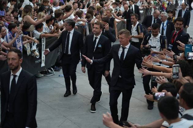 Real Madrid players during the celebration of Real Madrid football club s 15th Cahampion League victory at the Plaza de Cibeles in Madrid. June 2 nd 2024 Cordon Press 