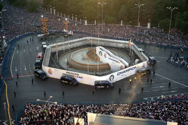 Real Madrid players during the celebration of Real Madrid football club s 15th Cahampion League victory at the Plaza de Cibeles in Madrid. June 2 nd 2024 Cordon Press 