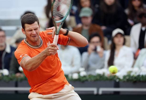 Hubert Hurkacz of Poland plays against Grigor Dimitrov of Bulgaria at the French Tennis Open in Roland Garros in Paris, France, on Sunday, June 2, 2024. Dimitrov won 7-6, 6-4, 7-6.  PAR20240602118 MAYAxVIDON-WHITE
