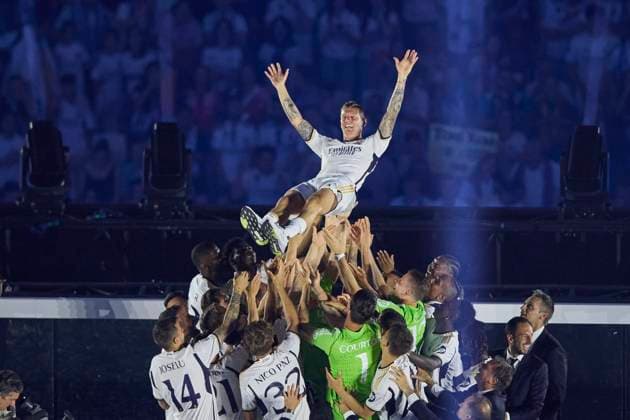 Toni Kroos (Real Madrid CF) Teammates throw in to the air at Stadium Bernabeu during Real Madrid UEFA Champions League Trophy Parade on June 02, 2024 in Madrid, Spain., Real Madrid trophy parade, Real Madrid Trophy parade, Cibeles, June 3, 2024, Madrid, Spain.