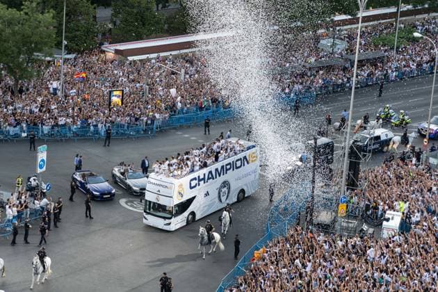 June 2, 2024, Madrid, Spain: Real Madrid players celebrate winning the 2024 Champions League title in Plaza Cibeles. Soccer 2024: Real Madrid Champions League Celebration  - ZUMAELEB 20240602_mda_p235_294 Copyright: xClaudiaxPaparellix