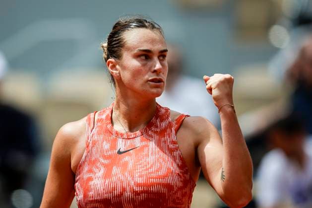 Aryna Sabalenka celebrates a set won against Emma Navarro of United States during Women™s Single Round of 16 of 2024 French Open - Day 9 at Roland Garros on June 3, 2024 in Paris, France. (Photo by JustPictures) Paris Roland Garros France