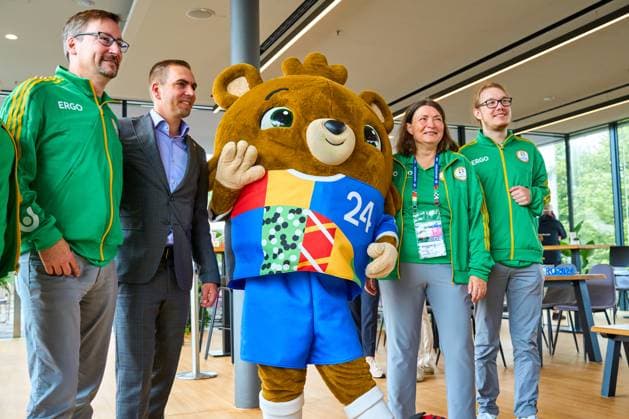 Munich, Bavaria, Germany - June 3, 2024: Philipp Lahm EM Ambassador in the Olympic Park in Munich with mascot Albärt and helpers of UEFA EURO, EM, Europameisterschaft,Fussball 2024